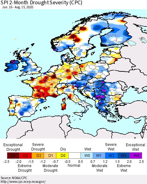 Europe SPI 2-Month Drought Severity (CPC) Thematic Map For 6/16/2020 - 8/15/2020