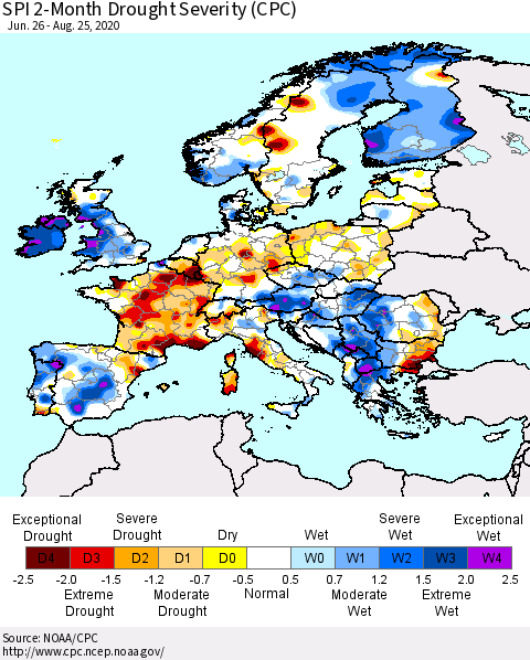 Europe SPI 2-Month Drought Severity (CPC) Thematic Map For 6/26/2020 - 8/25/2020