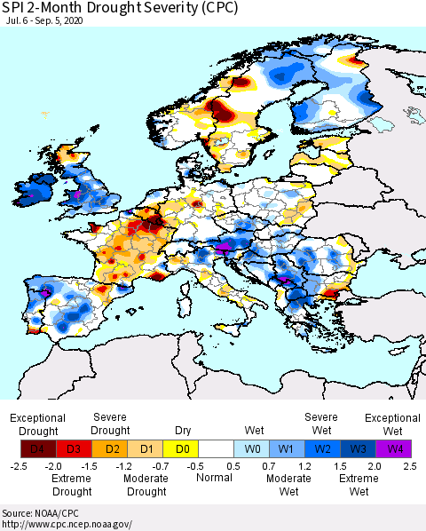 Europe SPI 2-Month Drought Severity (CPC) Thematic Map For 7/6/2020 - 9/5/2020