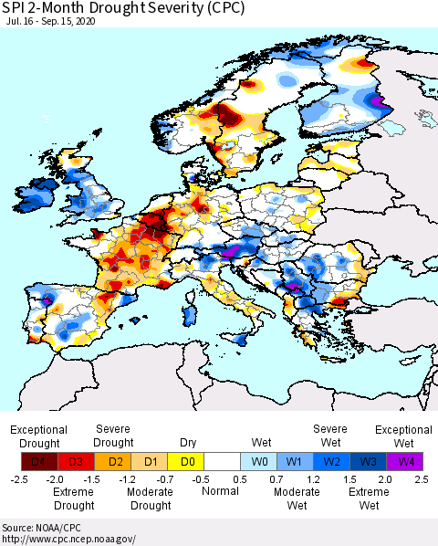 Europe SPI 2-Month Drought Severity (CPC) Thematic Map For 7/16/2020 - 9/15/2020