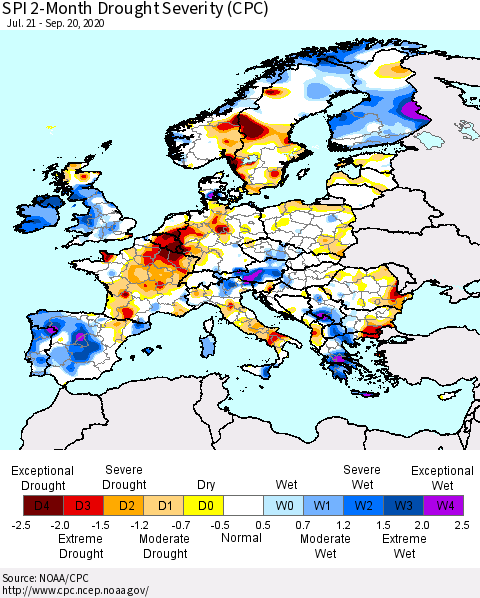 Europe SPI 2-Month Drought Severity (CPC) Thematic Map For 7/21/2020 - 9/20/2020