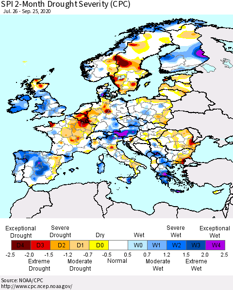 Europe SPI 2-Month Drought Severity (CPC) Thematic Map For 7/26/2020 - 9/25/2020