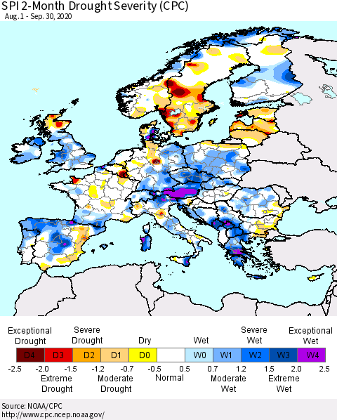 Europe SPI 2-Month Drought Severity (CPC) Thematic Map For 8/1/2020 - 9/30/2020