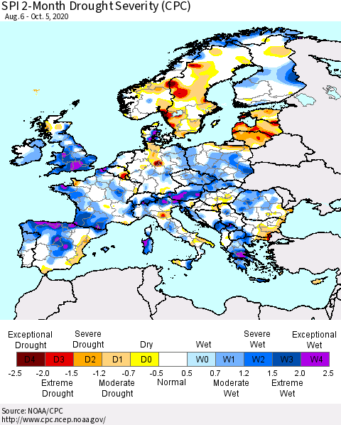 Europe SPI 2-Month Drought Severity (CPC) Thematic Map For 8/6/2020 - 10/5/2020