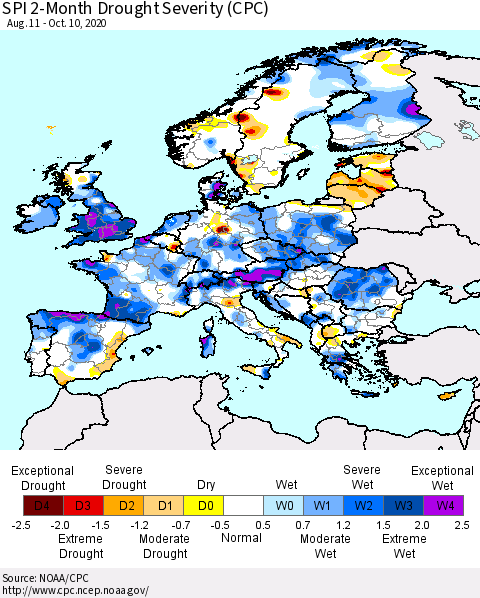 Europe SPI 2-Month Drought Severity (CPC) Thematic Map For 8/11/2020 - 10/10/2020