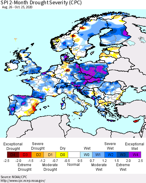 Europe SPI 2-Month Drought Severity (CPC) Thematic Map For 8/26/2020 - 10/25/2020