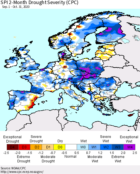 Europe SPI 2-Month Drought Severity (CPC) Thematic Map For 9/1/2020 - 10/31/2020