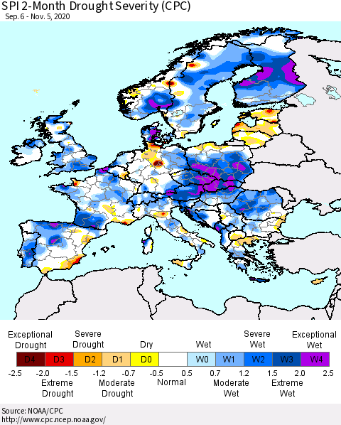 Europe SPI 2-Month Drought Severity (CPC) Thematic Map For 9/6/2020 - 11/5/2020