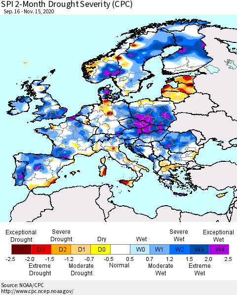 Europe SPI 2-Month Drought Severity (CPC) Thematic Map For 9/16/2020 - 11/15/2020
