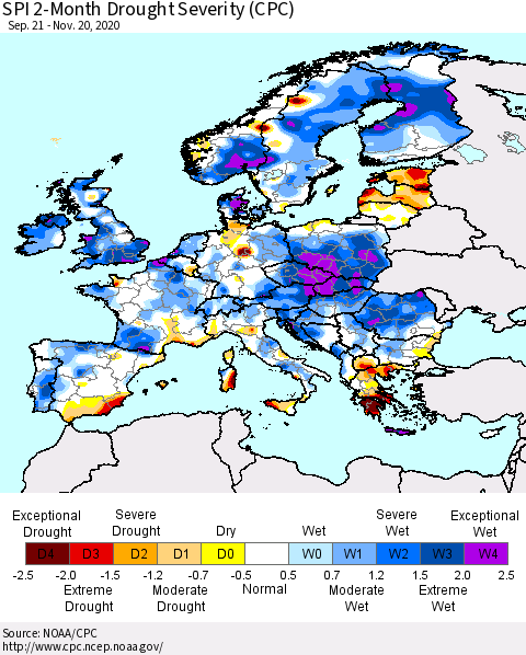 Europe SPI 2-Month Drought Severity (CPC) Thematic Map For 9/21/2020 - 11/20/2020