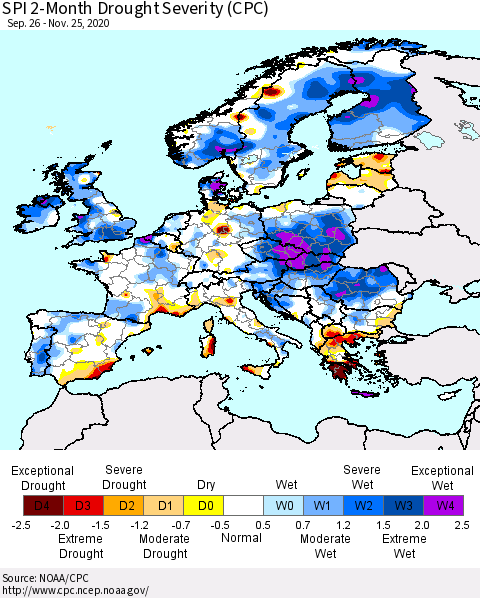 Europe SPI 2-Month Drought Severity (CPC) Thematic Map For 9/26/2020 - 11/25/2020