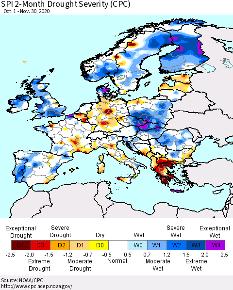 Europe SPI 2-Month Drought Severity (CPC) Thematic Map For 10/1/2020 - 11/30/2020