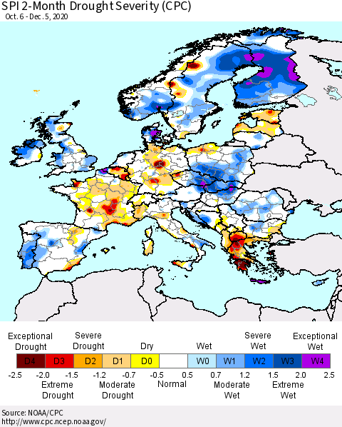 Europe SPI 2-Month Drought Severity (CPC) Thematic Map For 10/6/2020 - 12/5/2020