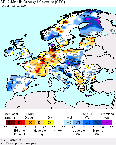 Europe SPI 2-Month Drought Severity (CPC) Thematic Map For 10/11/2020 - 12/10/2020