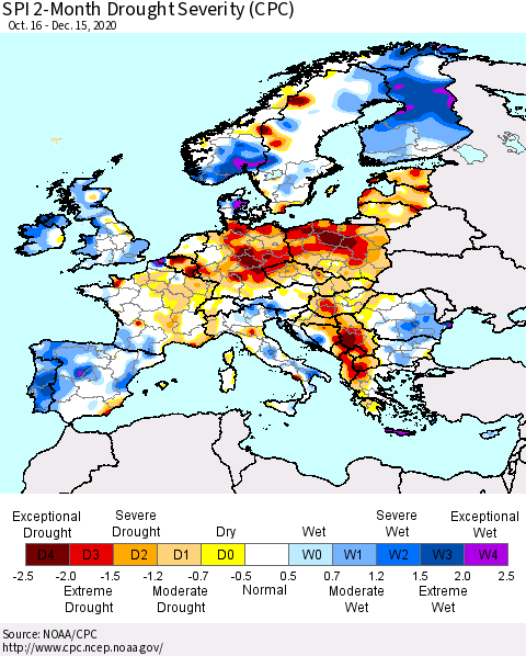 Europe SPI 2-Month Drought Severity (CPC) Thematic Map For 10/16/2020 - 12/15/2020