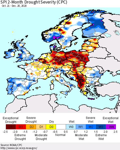 Europe SPI 2-Month Drought Severity (CPC) Thematic Map For 10/21/2020 - 12/20/2020