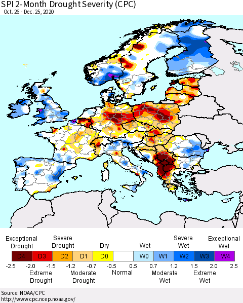 Europe SPI 2-Month Drought Severity (CPC) Thematic Map For 10/26/2020 - 12/25/2020