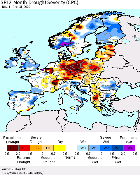 Europe SPI 2-Month Drought Severity (CPC) Thematic Map For 11/1/2020 - 12/31/2020
