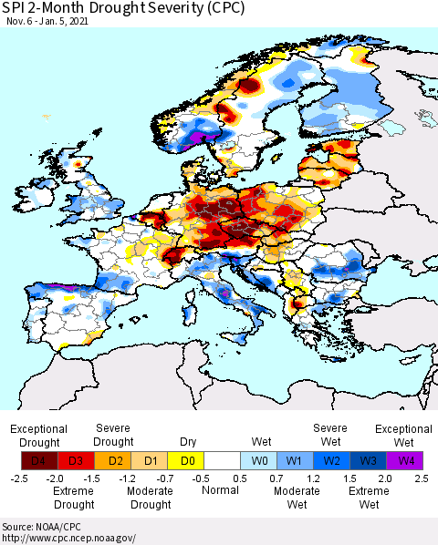 Europe SPI 2-Month Drought Severity (CPC) Thematic Map For 11/6/2020 - 1/5/2021