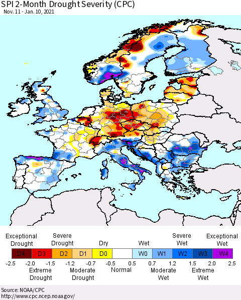 Europe SPI 2-Month Drought Severity (CPC) Thematic Map For 11/11/2020 - 1/10/2021
