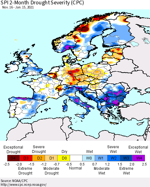 Europe SPI 2-Month Drought Severity (CPC) Thematic Map For 11/16/2020 - 1/15/2021