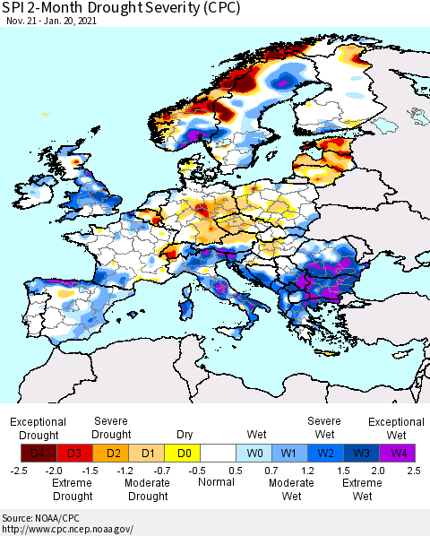 Europe SPI 2-Month Drought Severity (CPC) Thematic Map For 11/21/2020 - 1/20/2021