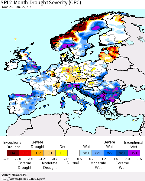 Europe SPI 2-Month Drought Severity (CPC) Thematic Map For 11/26/2020 - 1/25/2021