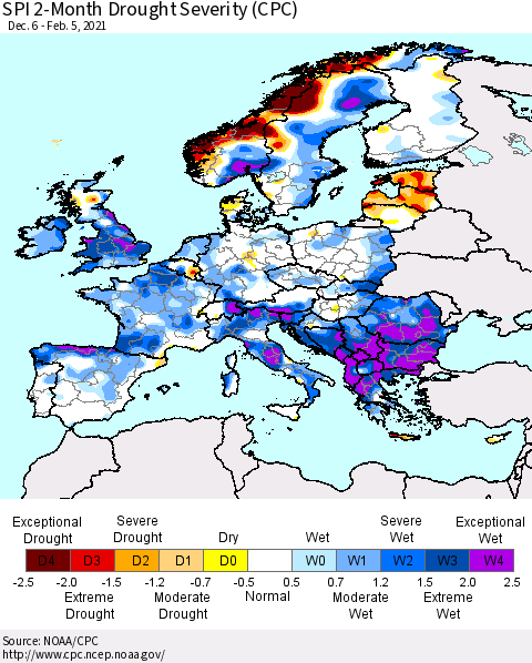 Europe SPI 2-Month Drought Severity (CPC) Thematic Map For 12/6/2020 - 2/5/2021