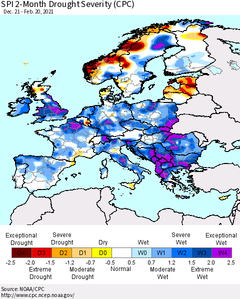 Europe SPI 2-Month Drought Severity (CPC) Thematic Map For 12/21/2020 - 2/20/2021