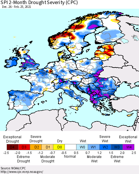 Europe SPI 2-Month Drought Severity (CPC) Thematic Map For 12/26/2020 - 2/25/2021
