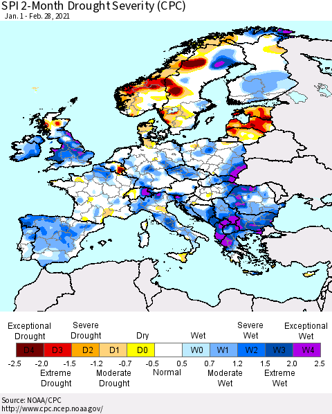 Europe SPI 2-Month Drought Severity (CPC) Thematic Map For 1/1/2021 - 2/28/2021