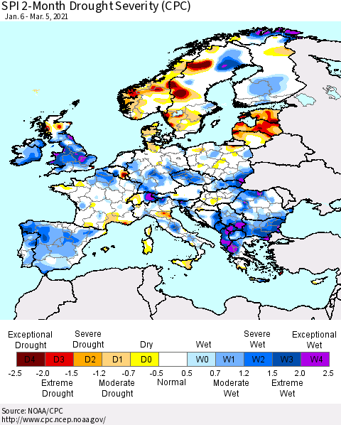 Europe SPI 2-Month Drought Severity (CPC) Thematic Map For 1/6/2021 - 3/5/2021