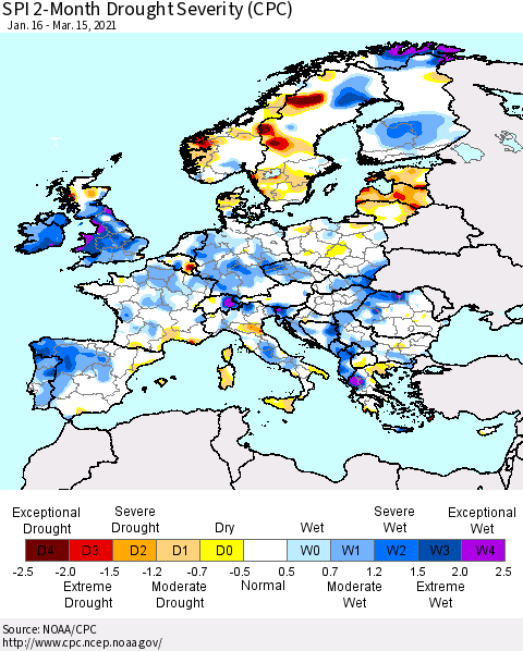 Europe SPI 2-Month Drought Severity (CPC) Thematic Map For 1/16/2021 - 3/15/2021