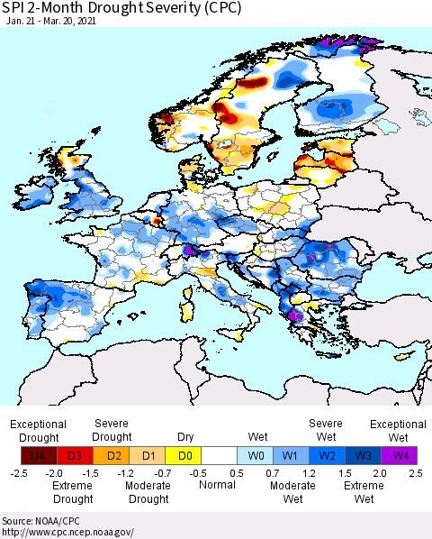 Europe SPI 2-Month Drought Severity (CPC) Thematic Map For 1/21/2021 - 3/20/2021