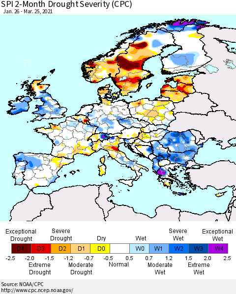 Europe SPI 2-Month Drought Severity (CPC) Thematic Map For 1/26/2021 - 3/25/2021