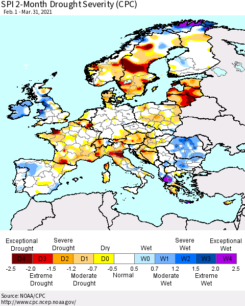 Europe SPI 2-Month Drought Severity (CPC) Thematic Map For 2/1/2021 - 3/31/2021