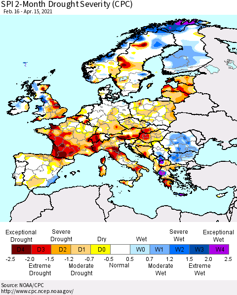 Europe SPI 2-Month Drought Severity (CPC) Thematic Map For 2/16/2021 - 4/15/2021