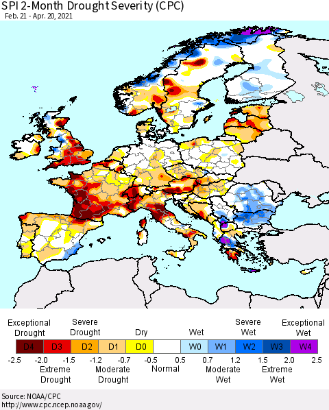Europe SPI 2-Month Drought Severity (CPC) Thematic Map For 2/21/2021 - 4/20/2021