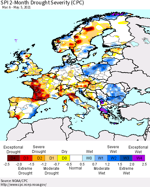 Europe SPI 2-Month Drought Severity (CPC) Thematic Map For 3/6/2021 - 5/5/2021
