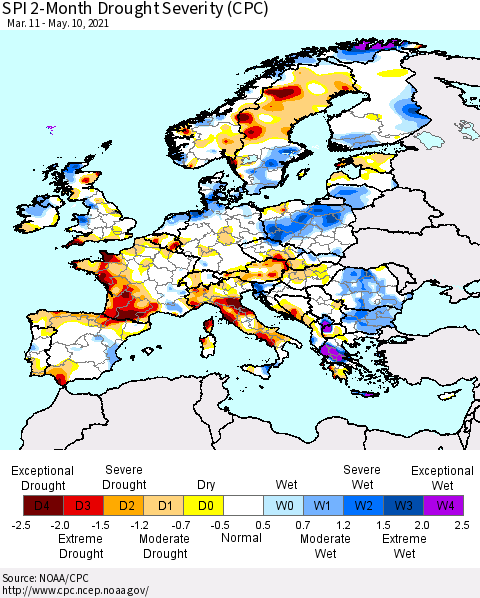 Europe SPI 2-Month Drought Severity (CPC) Thematic Map For 3/11/2021 - 5/10/2021
