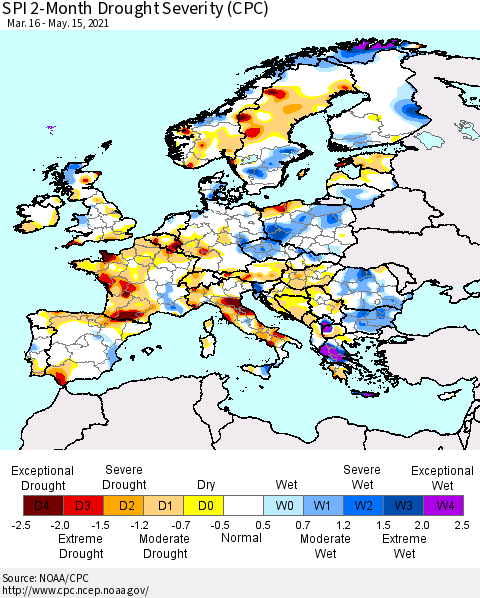 Europe SPI 2-Month Drought Severity (CPC) Thematic Map For 3/16/2021 - 5/15/2021