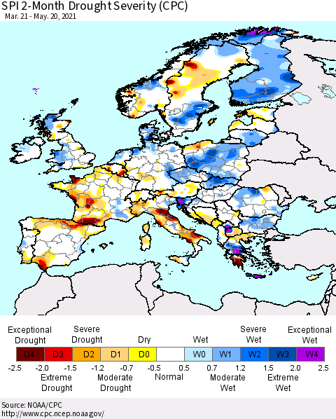 Europe SPI 2-Month Drought Severity (CPC) Thematic Map For 3/21/2021 - 5/20/2021