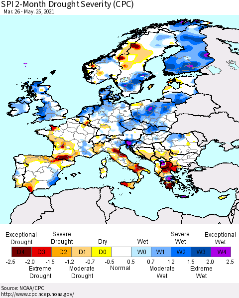 Europe SPI 2-Month Drought Severity (CPC) Thematic Map For 3/26/2021 - 5/25/2021