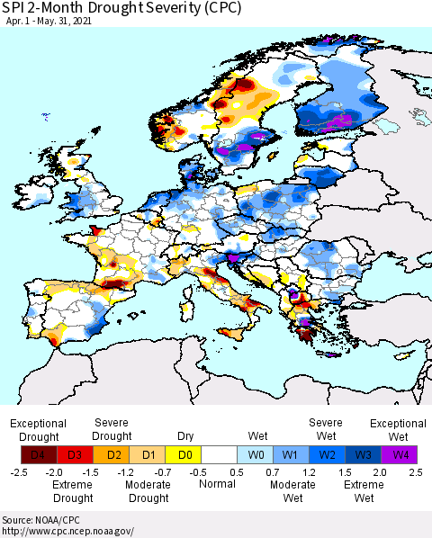 Europe SPI 2-Month Drought Severity (CPC) Thematic Map For 4/1/2021 - 5/31/2021