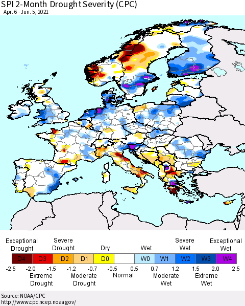 Europe SPI 2-Month Drought Severity (CPC) Thematic Map For 4/6/2021 - 6/5/2021