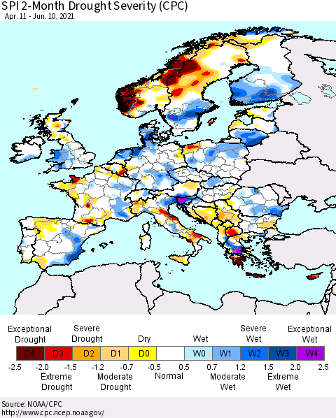 Europe SPI 2-Month Drought Severity (CPC) Thematic Map For 4/11/2021 - 6/10/2021