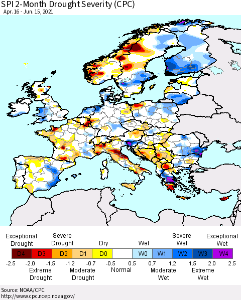 Europe SPI 2-Month Drought Severity (CPC) Thematic Map For 4/16/2021 - 6/15/2021
