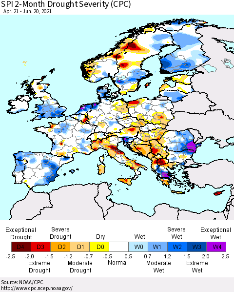 Europe SPI 2-Month Drought Severity (CPC) Thematic Map For 4/21/2021 - 6/20/2021