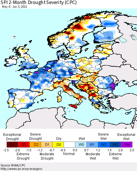 Europe SPI 2-Month Drought Severity (CPC) Thematic Map For 5/6/2021 - 7/5/2021
