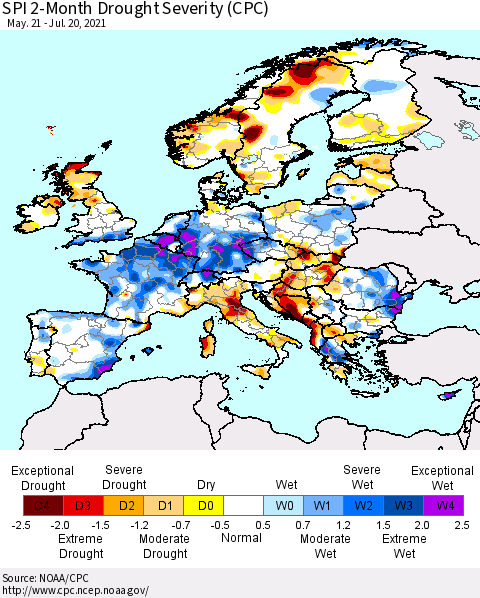 Europe SPI 2-Month Drought Severity (CPC) Thematic Map For 5/21/2021 - 7/20/2021